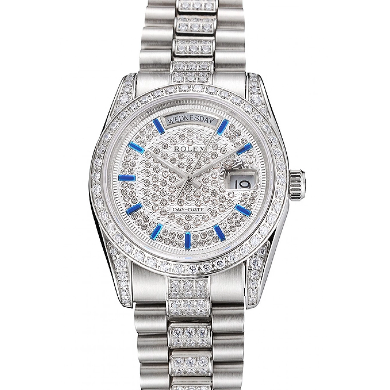 Bezel Diamond And Steel Stainless Rolex Day Pave And Bracelet Swiss Dial Date 0608